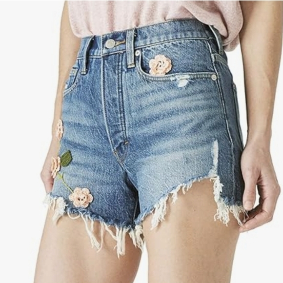 Lucky Brand Embroidered Distressed High Rise Denim Shorts Size 00 / 24 - Picture 2 of 13